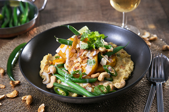 Spicy Coconut Dahl with Roast Pumpkin Green Beans and Cashews
