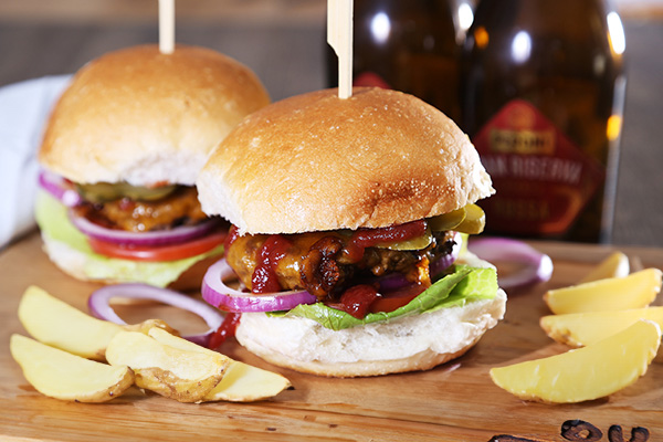 American Cheeseburger with Pickles and Wedges